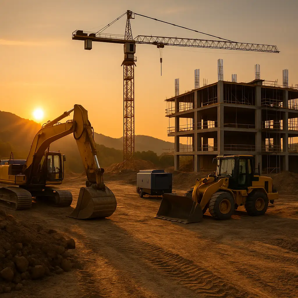 Construction site at golden hour with excavator, wheel loader, crane and building under construction - job site fuel delivery